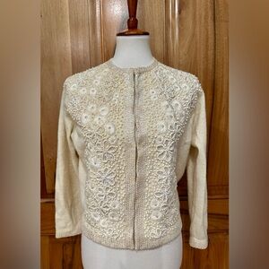 VTG 50s Barbara Lee Lambswool Blend Embellished Cardigan, Beads/Sequins, EVC S/M